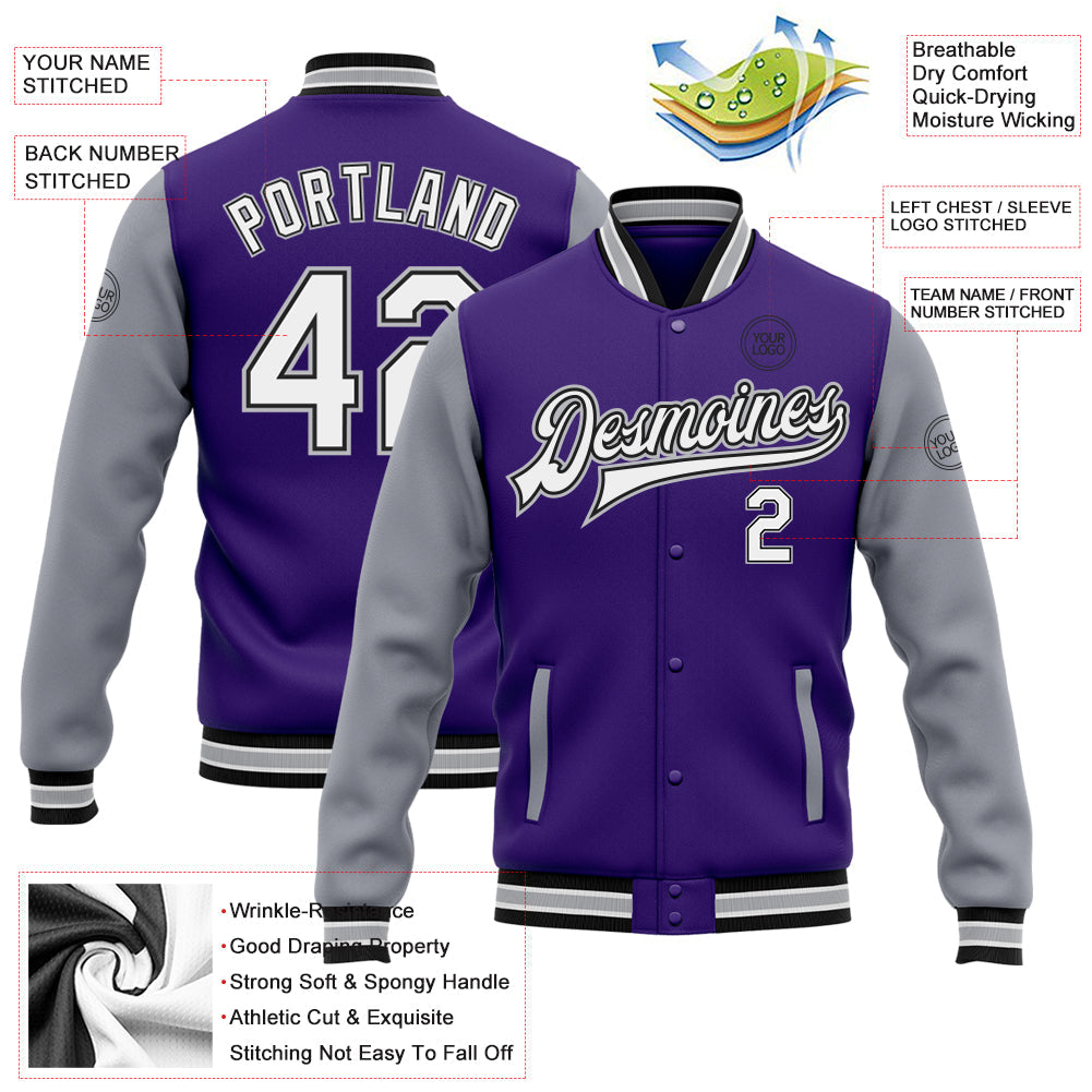 Custom Purple White Gray-Black Bomber Full-Snap Varsity Letterman Two Tone Jacket view 5