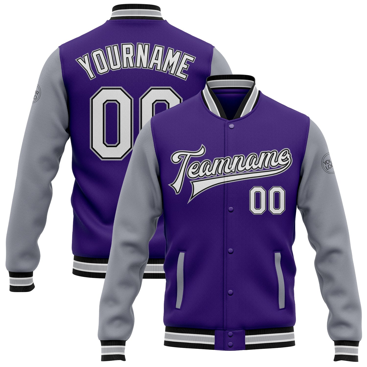 Custom Purple White Gray-Black Bomber Full-Snap Varsity Letterman Two Tone Jacket - Main View