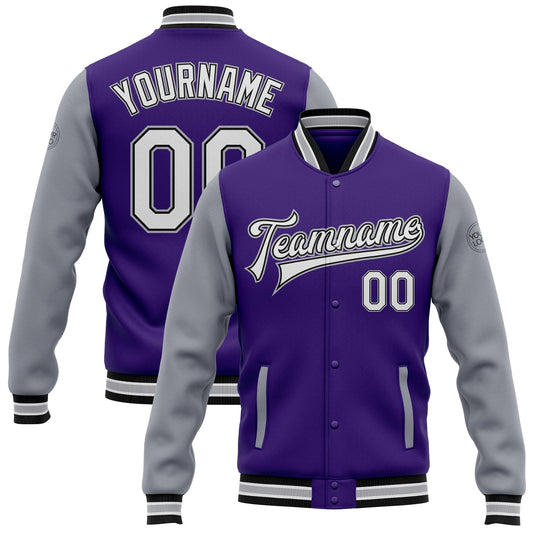 Custom Purple White Gray-Black Bomber Full-Snap Varsity Letterman Two Tone Jacket - Main View