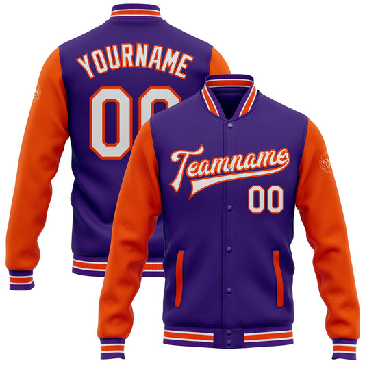 Custom Purple White-Orange Bomber Full-Snap Varsity Letterman Two Tone Jacket - Main View
