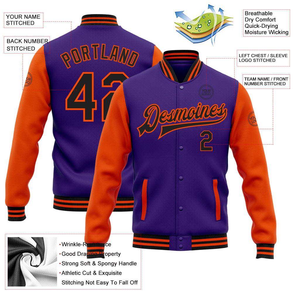 Custom Purple Black-Orange Bomber Full-Snap Varsity Letterman Two Tone Jacket view 5
