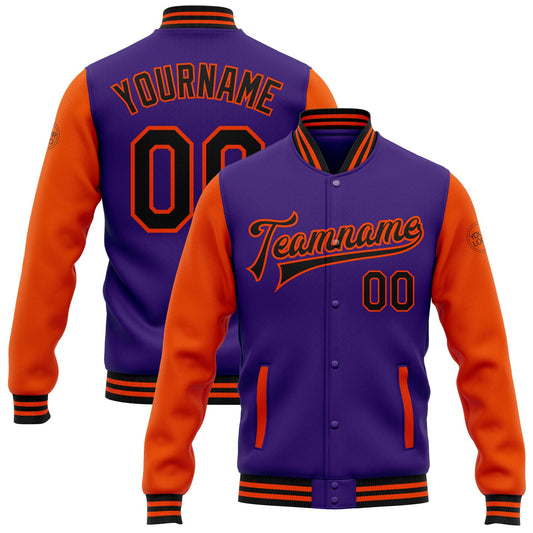 Custom Purple Black-Orange Bomber Full-Snap Varsity Letterman Two Tone Jacket - Main View