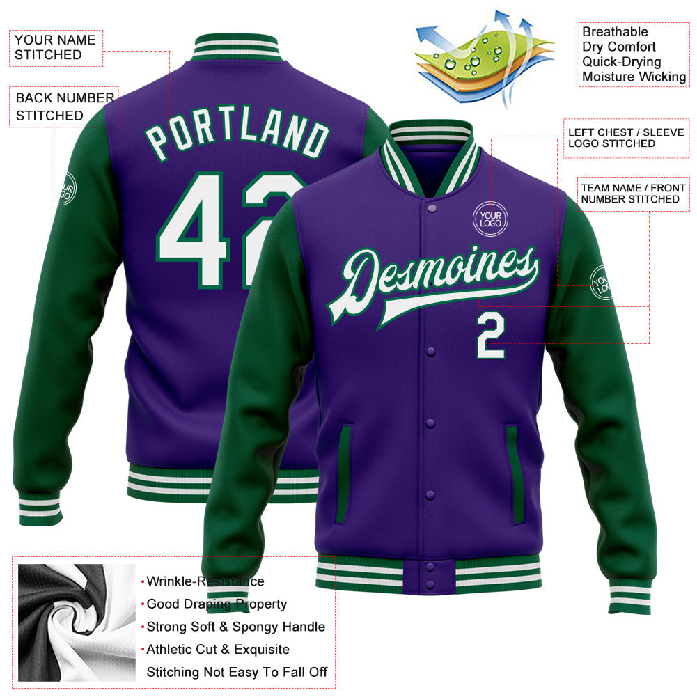 Custom Purple White-Kelly Green Bomber Full-Snap Varsity Letterman Two Tone Jacket view 5