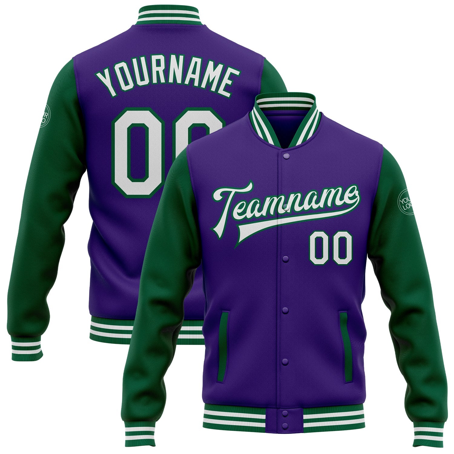 Custom Purple White-Kelly Green Bomber Full-Snap Varsity Letterman Two Tone Jacket - Main View