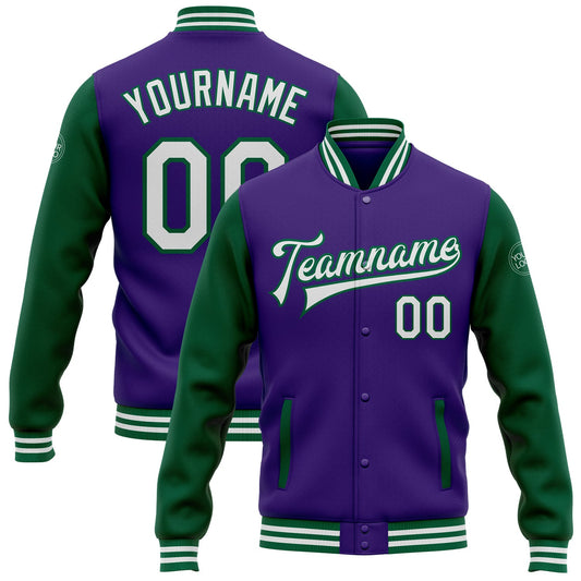 Custom Purple White-Kelly Green Bomber Full-Snap Varsity Letterman Two Tone Jacket - Main View