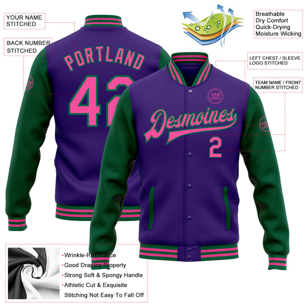 Custom Purple Pink-Kelly Green Bomber Full-Snap Varsity Letterman Two Tone Jacket view 5