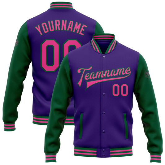 Custom Purple Pink-Kelly Green Bomber Full-Snap Varsity Letterman Two Tone Jacket - Main View