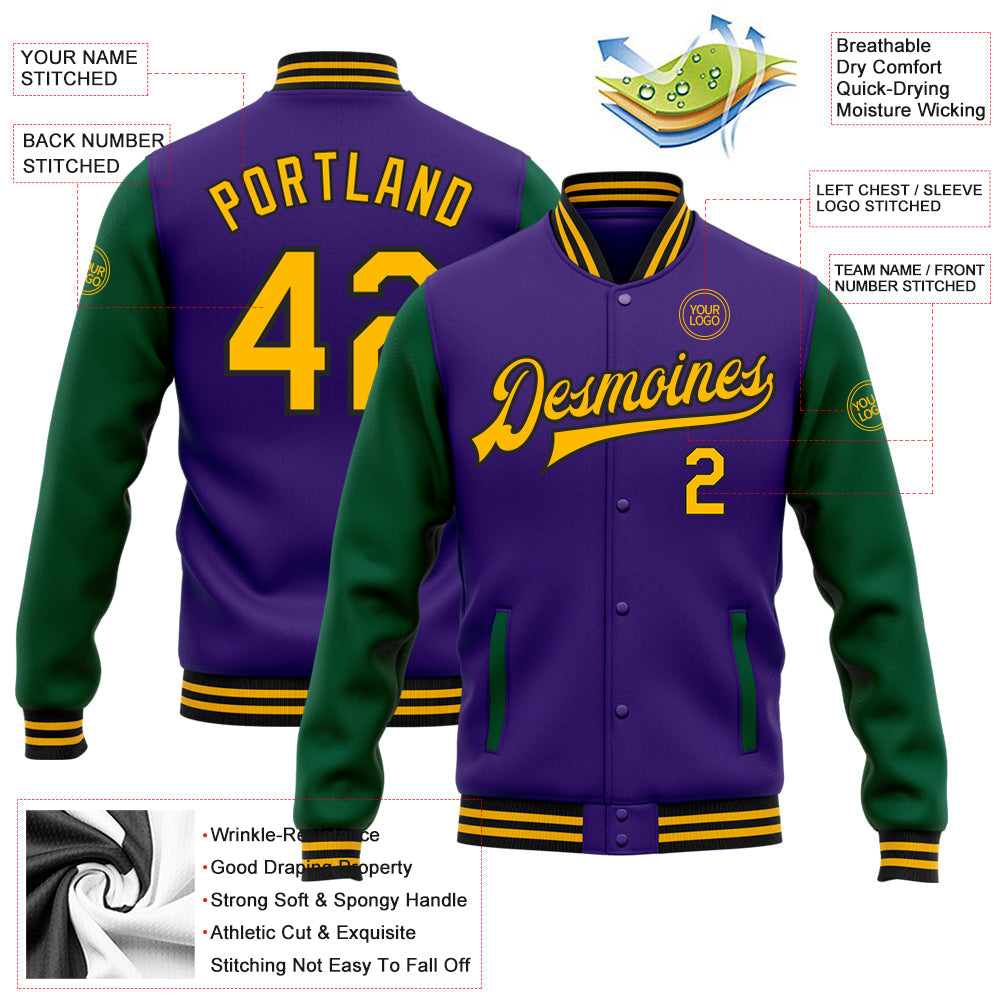 Custom Purple Gold-Kelly Green Bomber Full-Snap Varsity Letterman Two Tone Jacket view 5