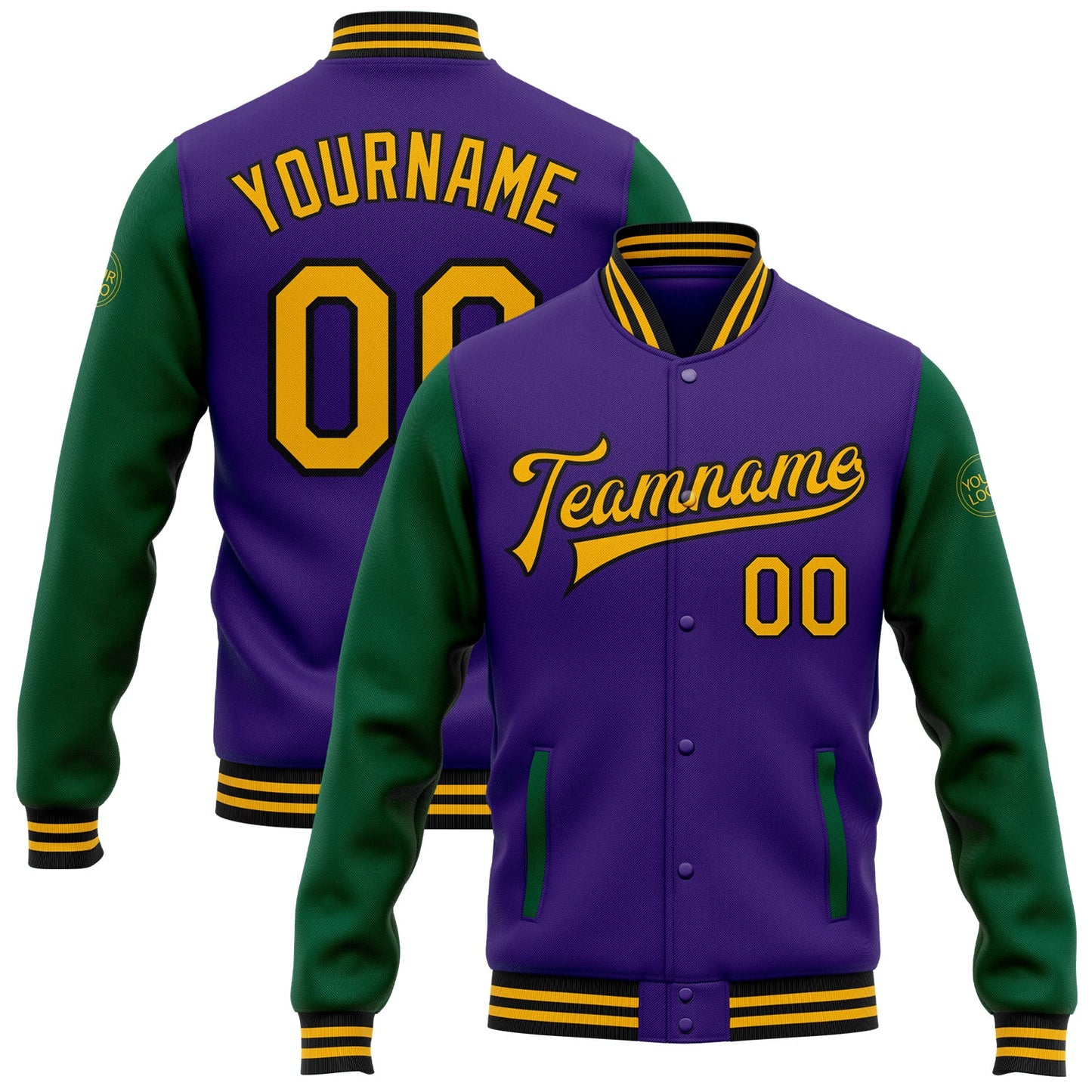 Custom Purple Gold-Kelly Green Bomber Full-Snap Varsity Letterman Two Tone Jacket - Main View