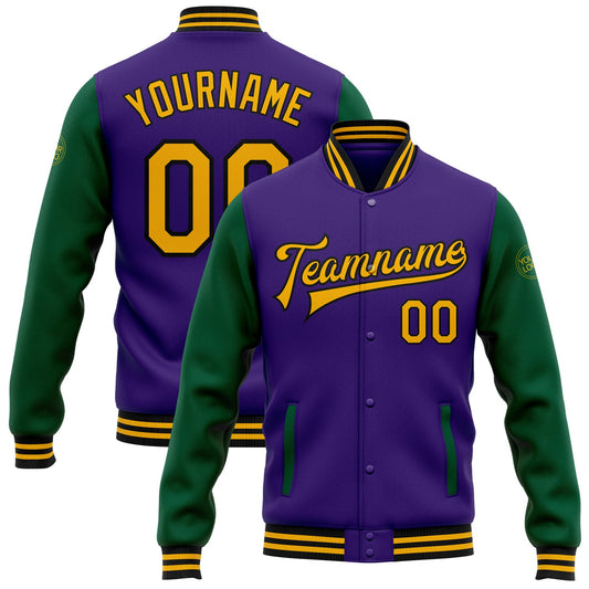 Custom Purple Gold-Kelly Green Bomber Full-Snap Varsity Letterman Two Tone Jacket - Main View