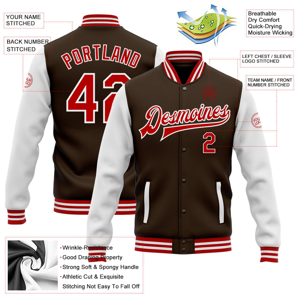 Custom Brown Red-White Bomber Full-Snap Varsity Letterman Two Tone Jacket view 5