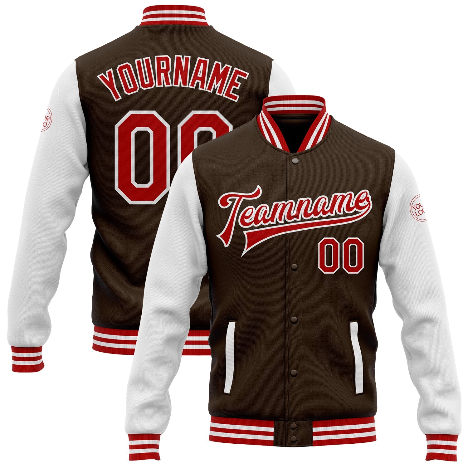 Custom Brown Red-White Bomber Full-Snap Varsity Letterman Two Tone Jacket - Main View