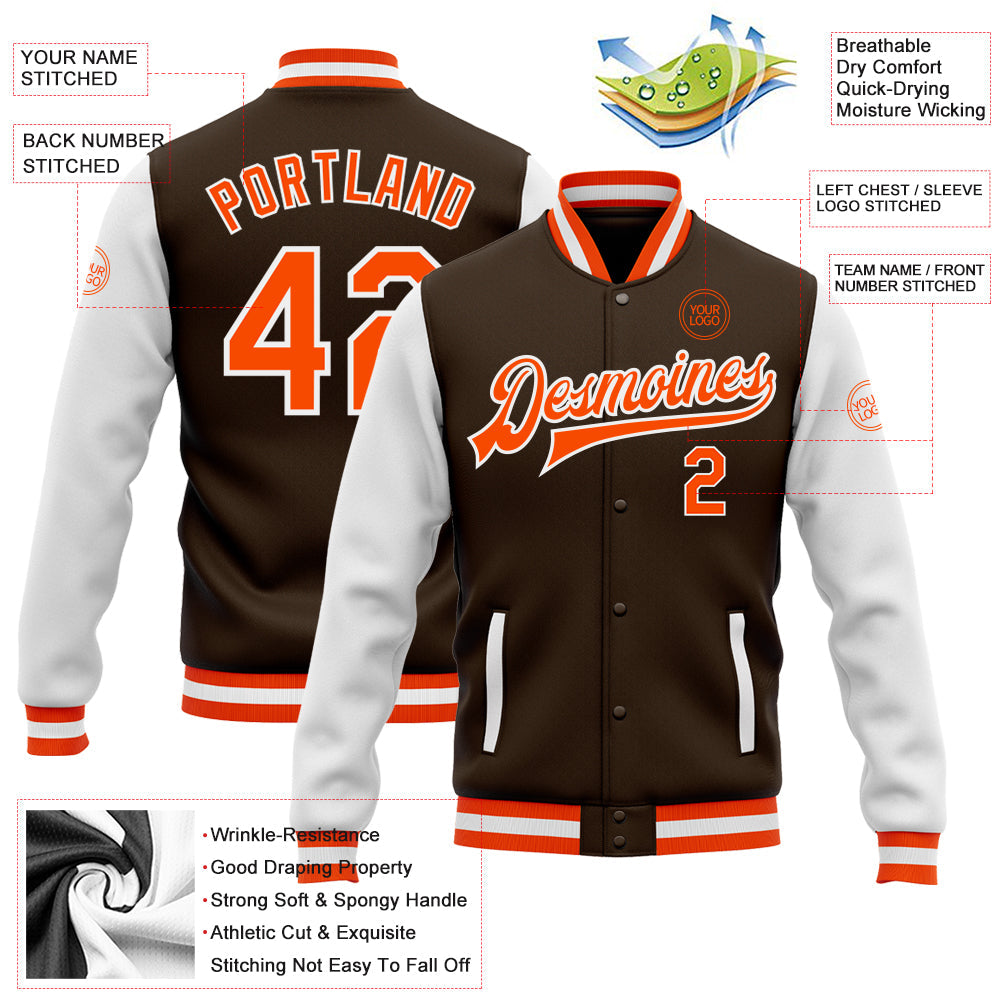 Custom Brown Orange-White Bomber Full-Snap Varsity Letterman Two Tone Jacket view 5