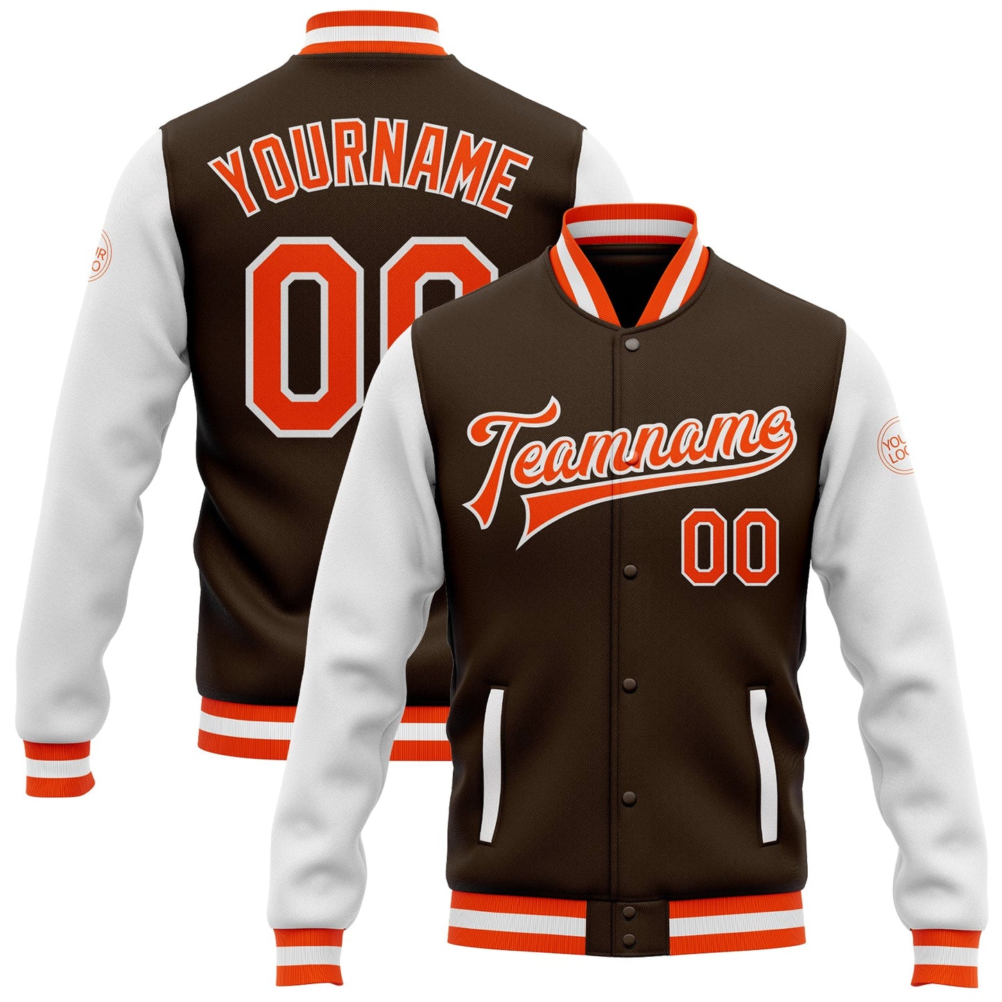 Custom Brown Orange-White Bomber Full-Snap Varsity Letterman Two Tone Jacket - Main View