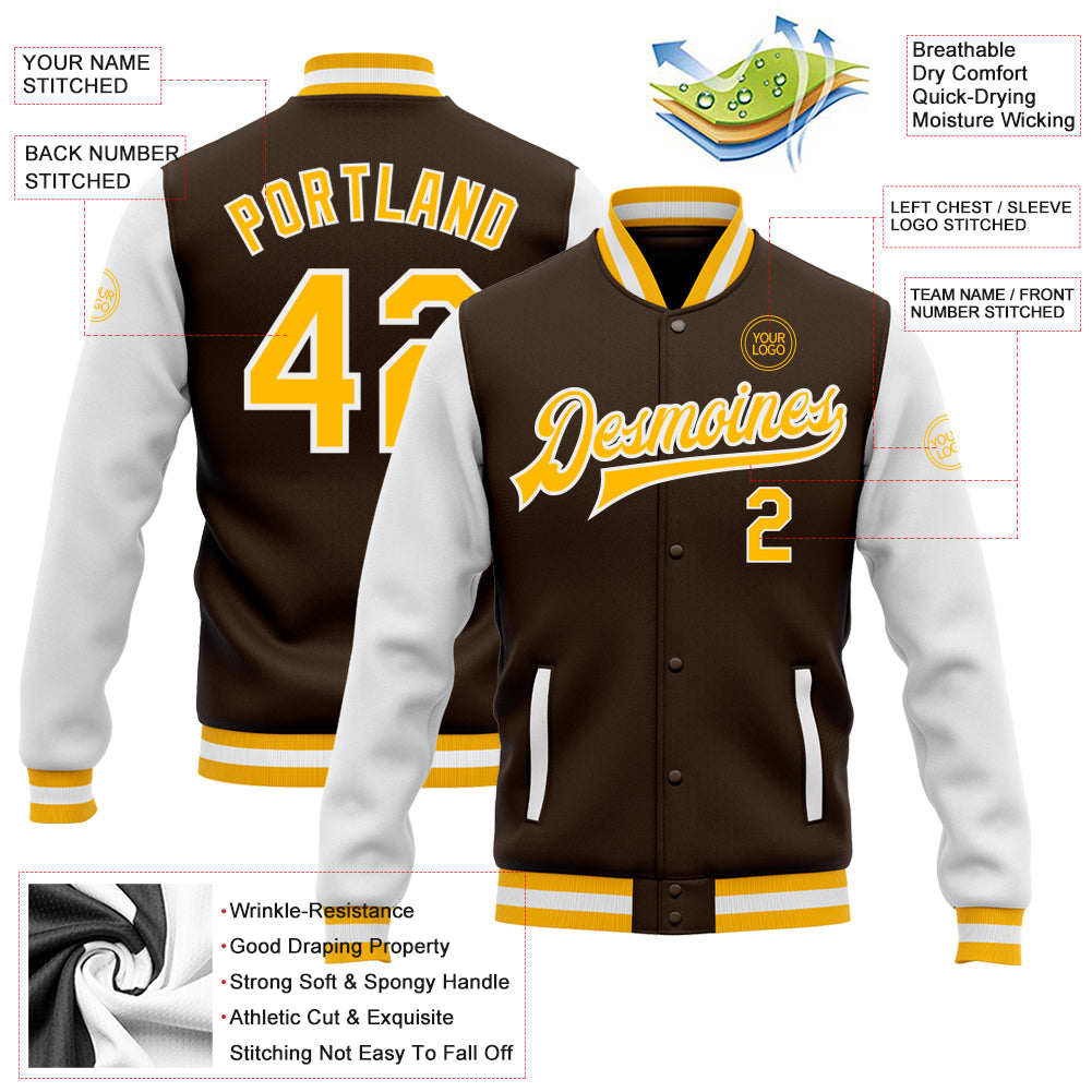 Custom Brown Gold-White Bomber Full-Snap Varsity Letterman Two Tone Jacket view 5