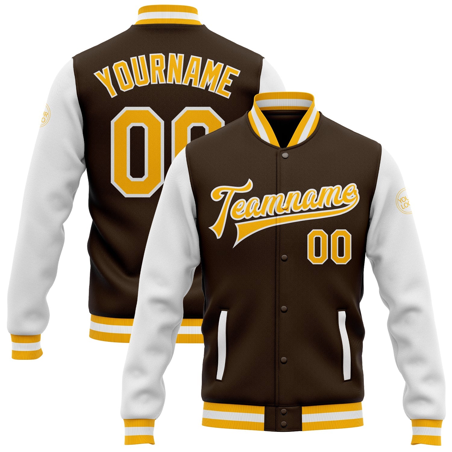 Custom Brown Gold-White Bomber Full-Snap Varsity Letterman Two Tone Jacket - Main View