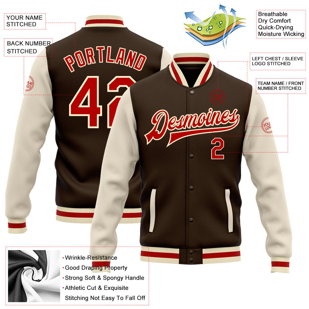 Custom Brown Red-Cream Bomber Full-Snap Varsity Letterman Two Tone Jacket view 5