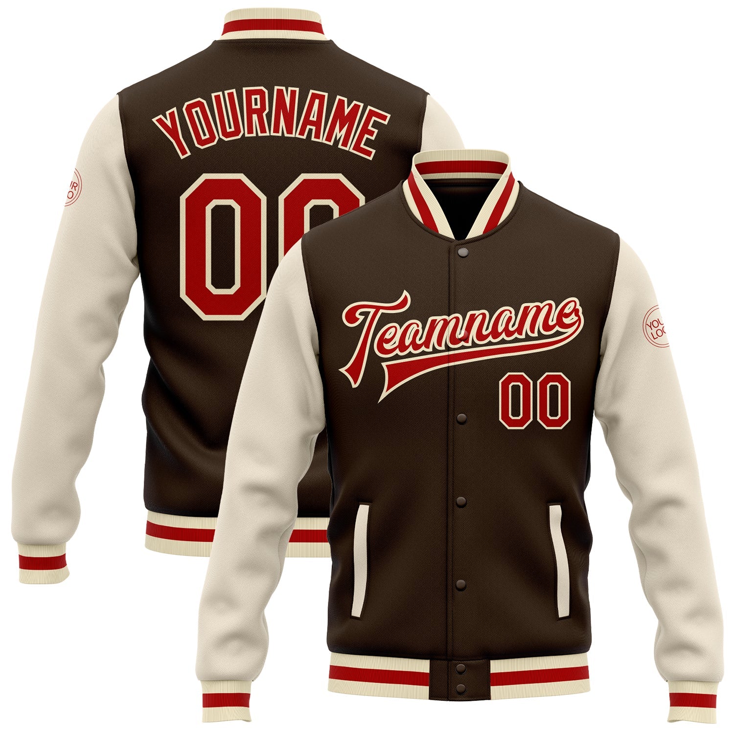 Custom Brown Red-Cream Bomber Full-Snap Varsity Letterman Two Tone Jacket - Main View