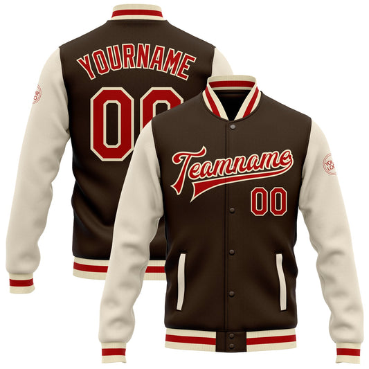 Custom Brown Red-Cream Bomber Full-Snap Varsity Letterman Two Tone Jacket - Main View