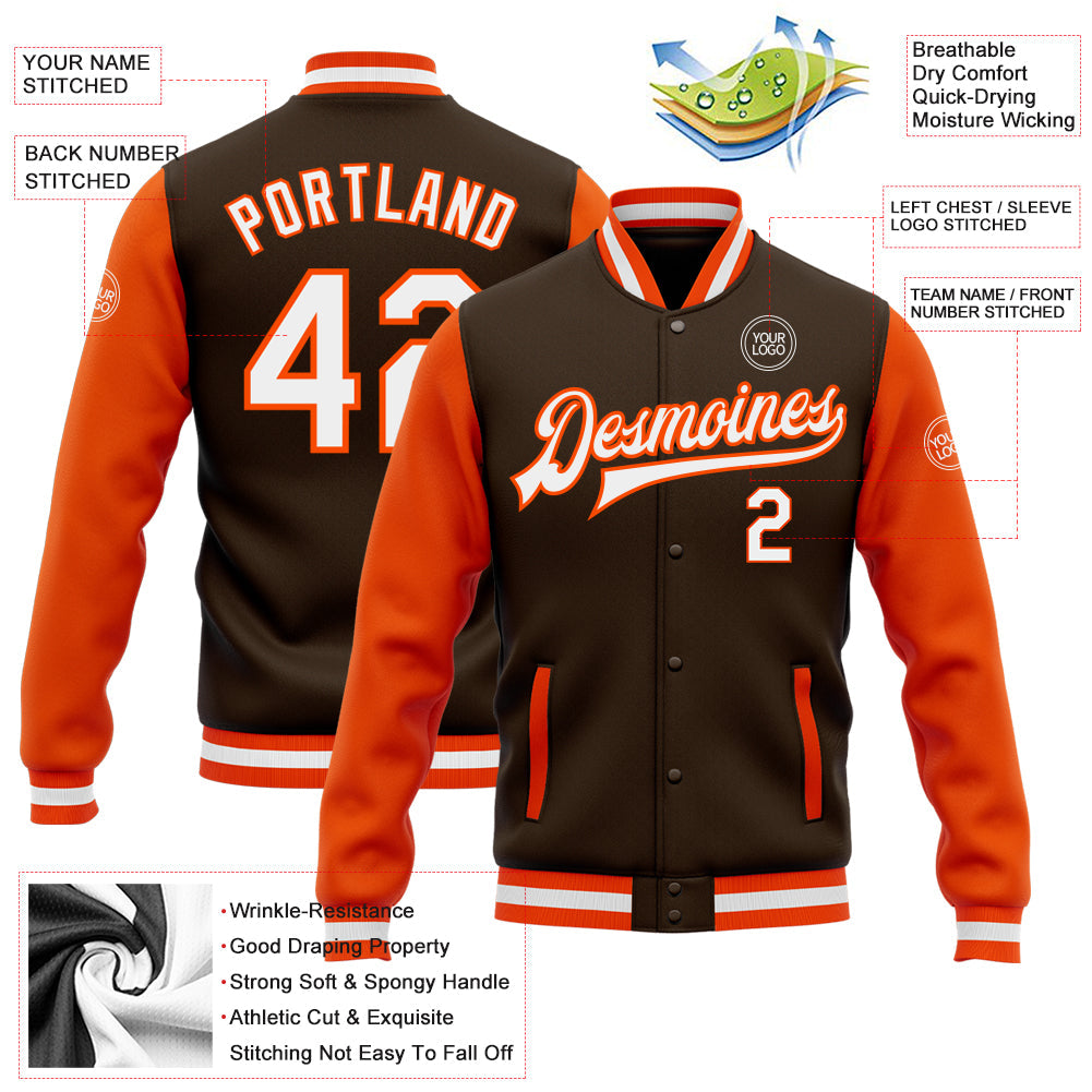 Custom Brown White-Orange Bomber Full-Snap Varsity Letterman Two Tone Jacket view 5