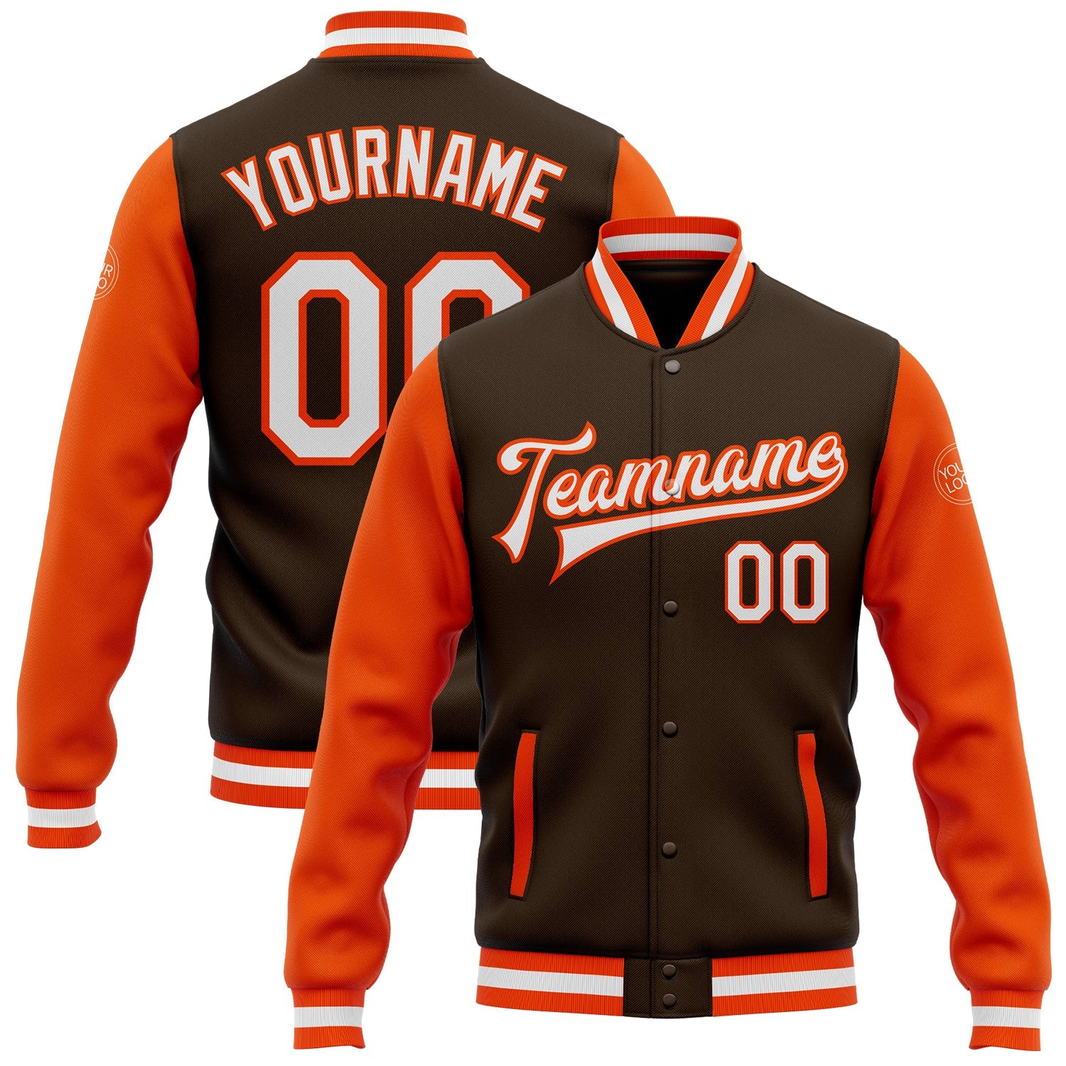 Custom Brown White-Orange Bomber Full-Snap Varsity Letterman Two Tone Jacket - Main View