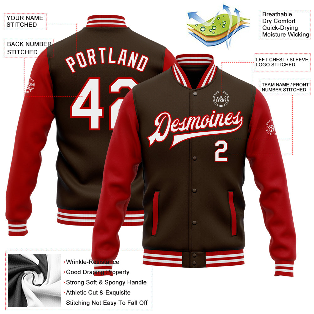 Custom Brown White-Red Bomber Full-Snap Varsity Letterman Two Tone Jacket view 5