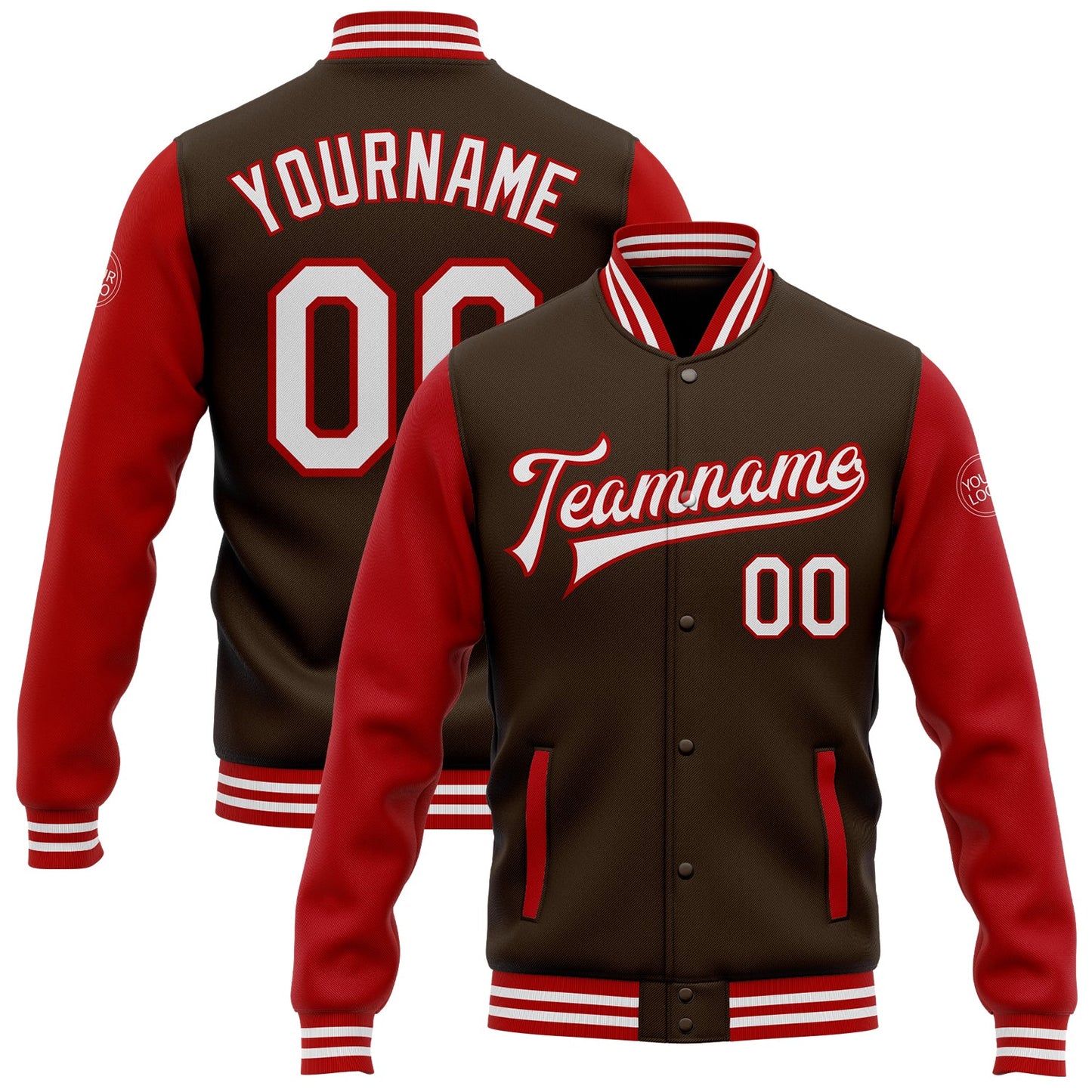 Custom Brown White-Red Bomber Full-Snap Varsity Letterman Two Tone Jacket - Main View