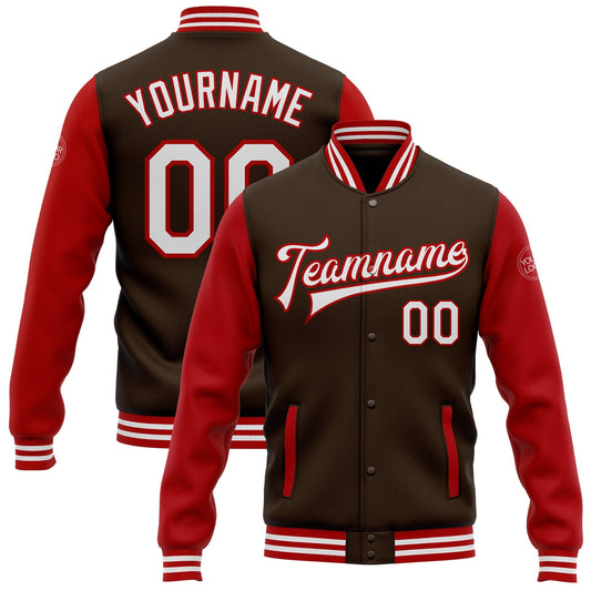 Custom Brown White-Red Bomber Full-Snap Varsity Letterman Two Tone Jacket - Main View