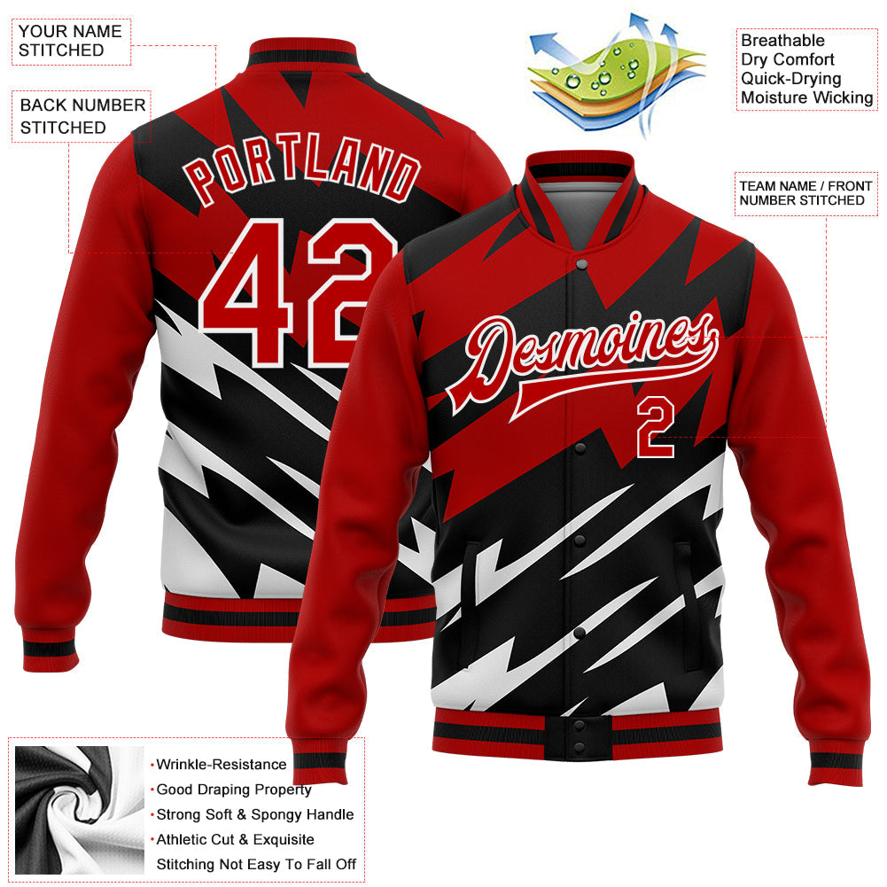 Custom Red Black-White Lightning 3D Pattern Design Bomber Full-Snap Varsity Letterman Jacket view 5