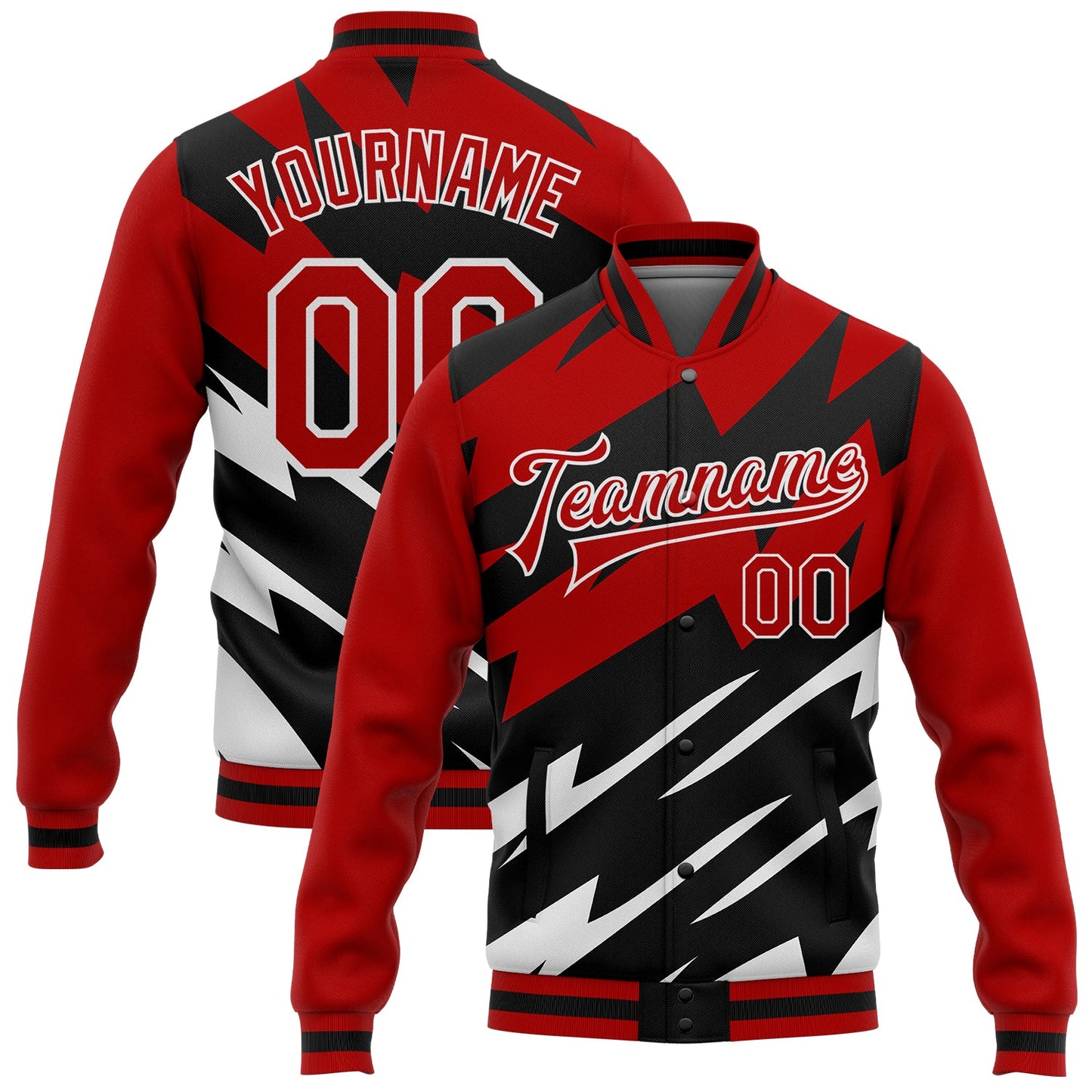 Custom Red Black-White Lightning 3D Pattern Design Bomber Full-Snap Varsity Letterman Jacket - Main View