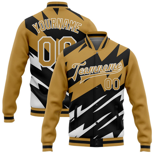 Custom Old Gold Black-White Lightning 3D Pattern Design Bomber Full-Snap Varsity Letterman Jacket - Main View