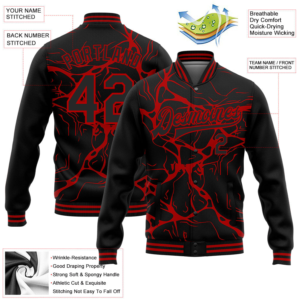 Custom Black Red Abstract Network 3D Pattern Design Bomber Full-Snap Varsity Letterman Jacket view 5