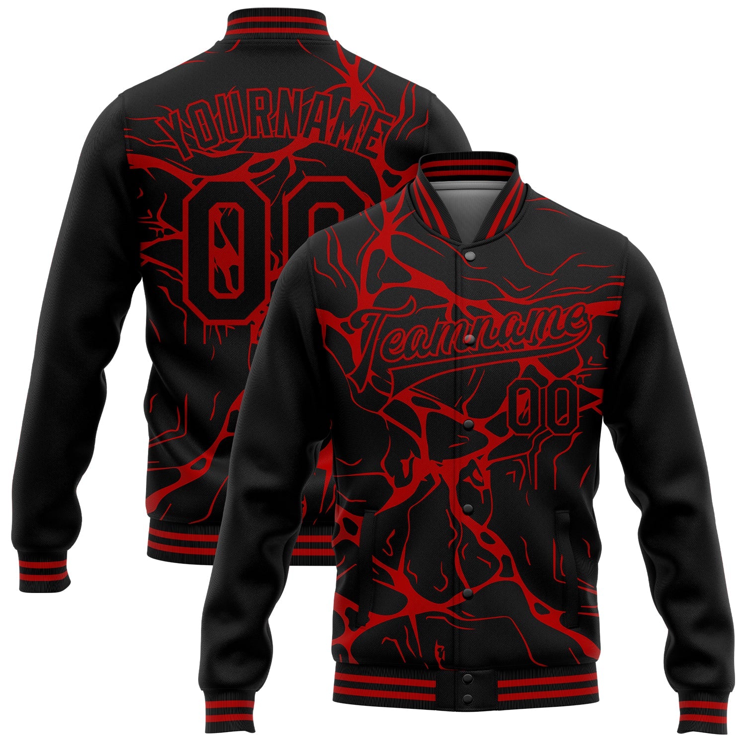 Custom Black Red Abstract Network 3D Pattern Design Bomber Full-Snap Varsity Letterman Jacket - Main View