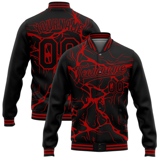Custom Black Red Abstract Network 3D Pattern Design Bomber Full-Snap Varsity Letterman Jacket - Main View