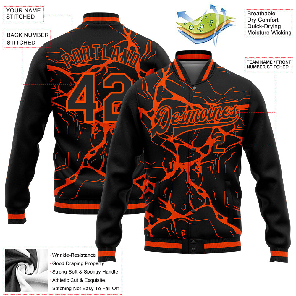 Custom Black Orange Abstract Network 3D Pattern Design Bomber Full-Snap Varsity Letterman Jacket view 5