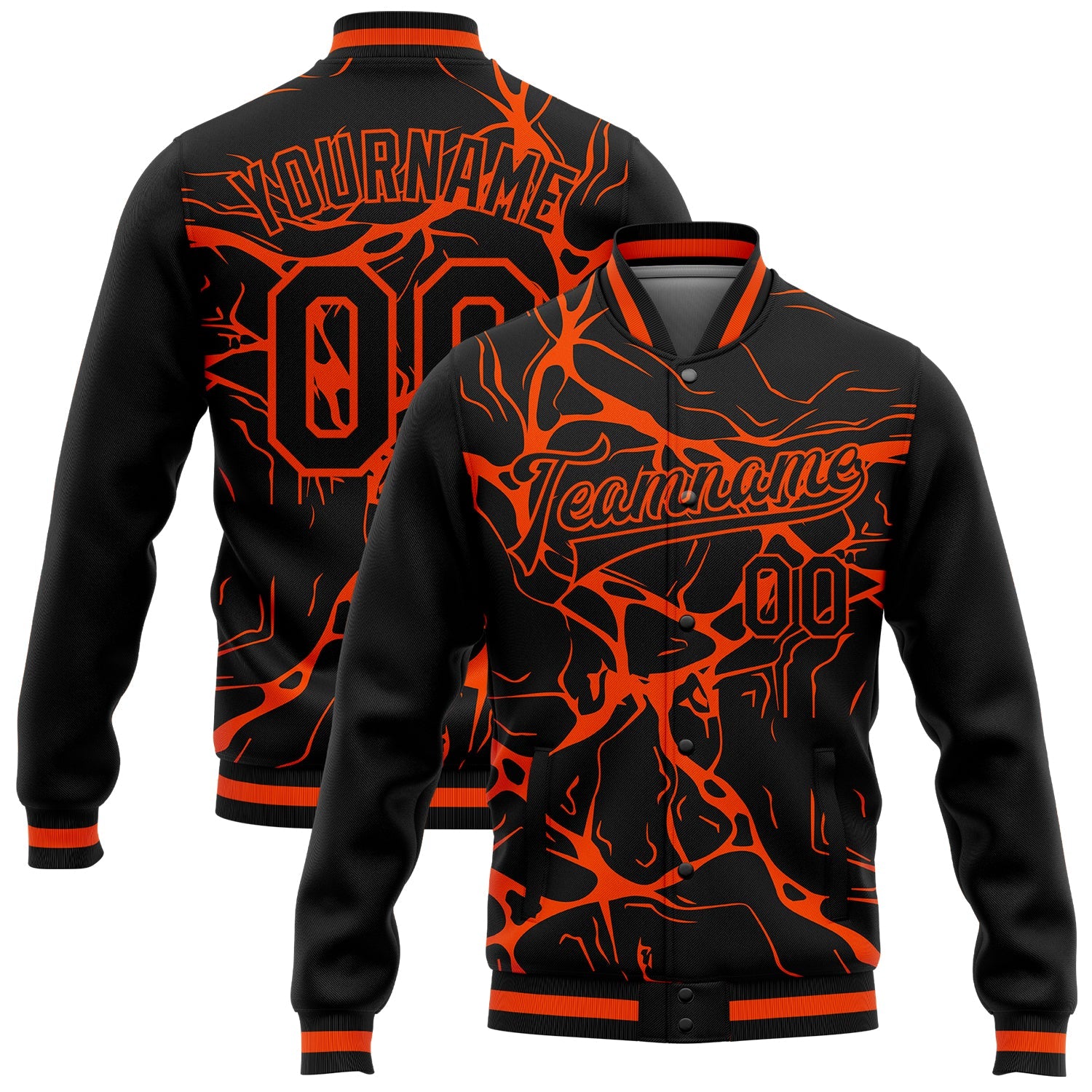 Custom Black Orange Abstract Network 3D Pattern Design Bomber Full-Snap Varsity Letterman Jacket - Main View