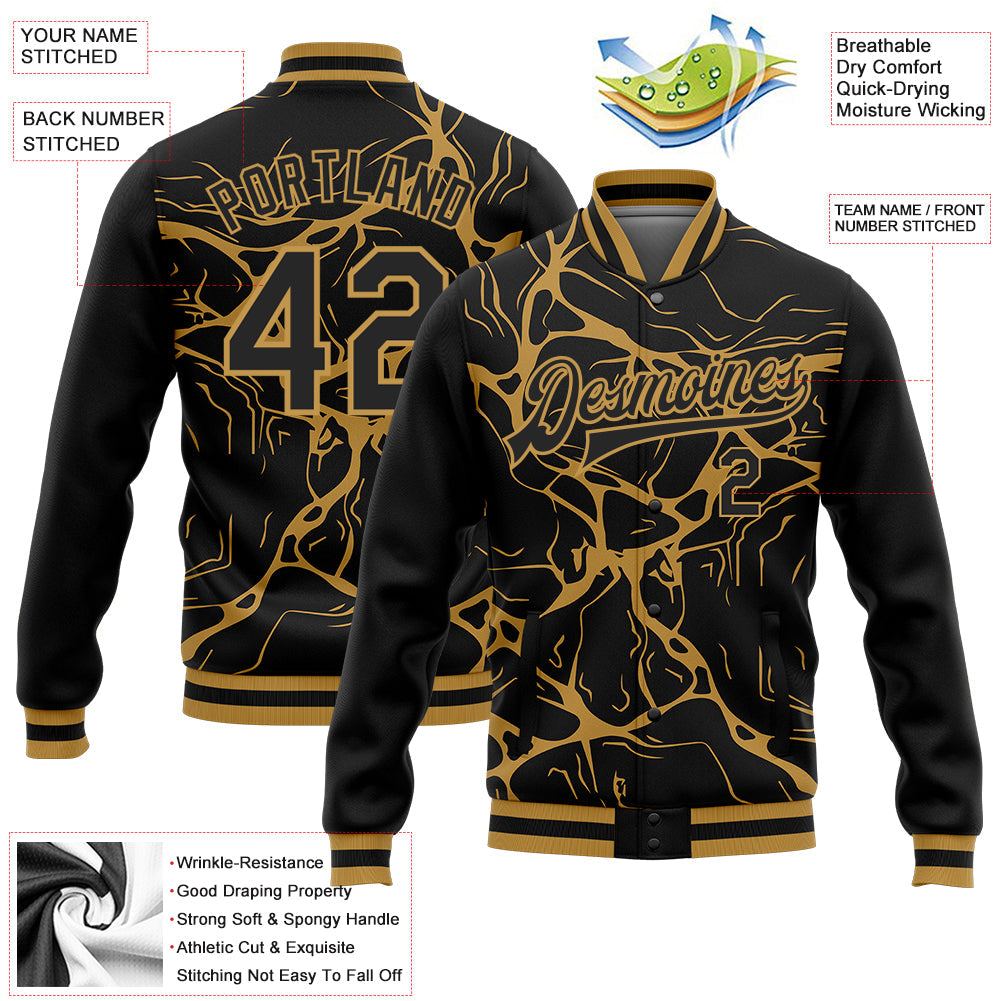 Custom Black Old Gold Abstract Network 3D Pattern Design Bomber Full-Snap Varsity Letterman Jacket view 5