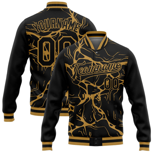 Custom Black Old Gold Abstract Network 3D Pattern Design Bomber Full-Snap Varsity Letterman Jacket - Main View