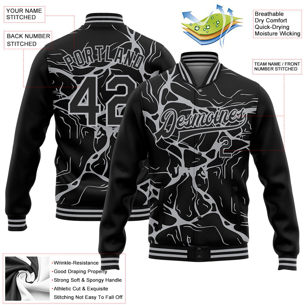 Custom Black Gray Abstract Network 3D Pattern Design Bomber Full-Snap Varsity Letterman Jacket view 5