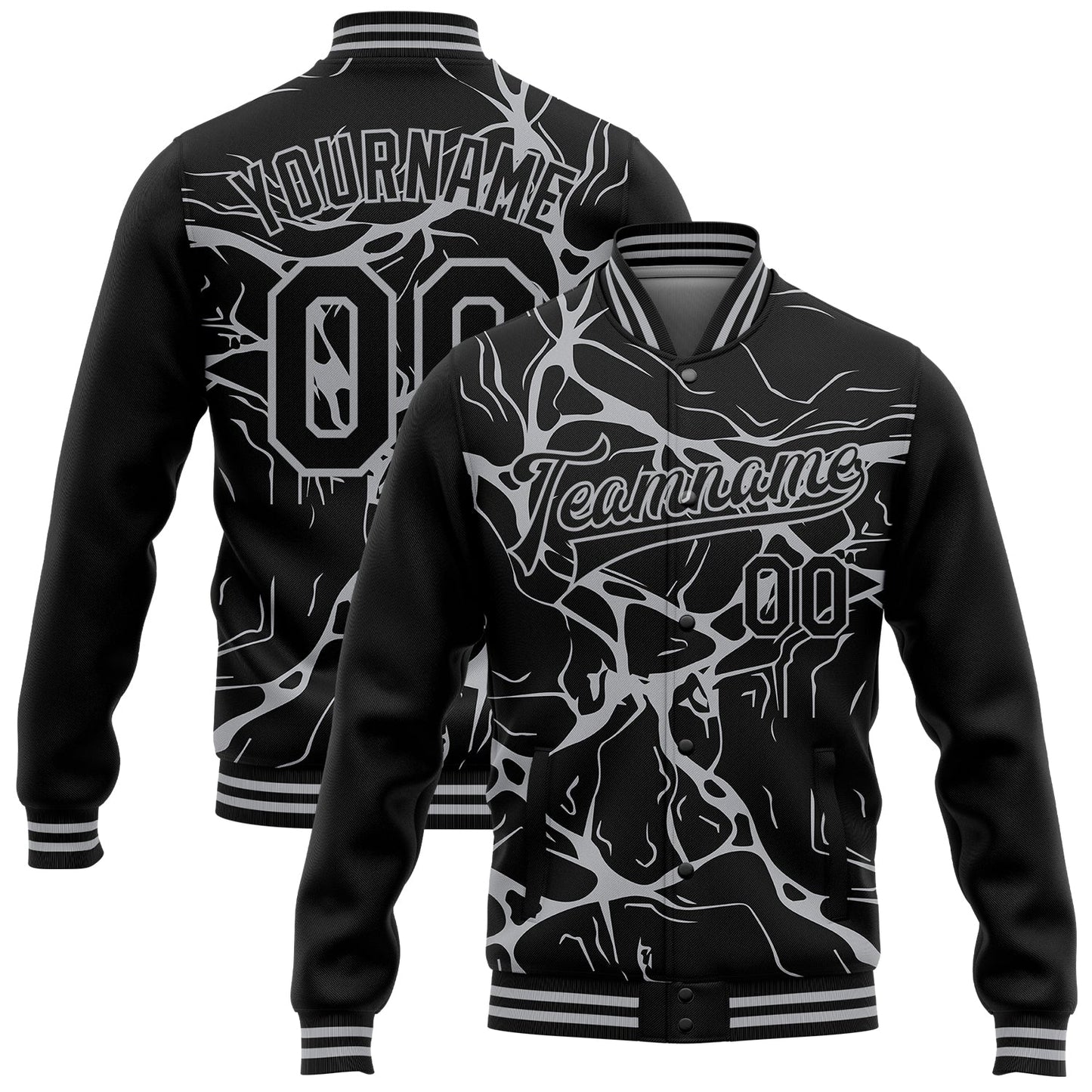 Custom Black Gray Abstract Network 3D Pattern Design Bomber Full-Snap Varsity Letterman Jacket - Main View
