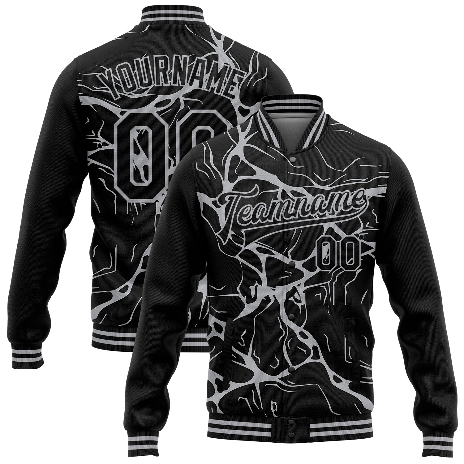 Custom Black Gray Abstract Network 3D Pattern Design Bomber Full-Snap Varsity Letterman Jacket - Main View