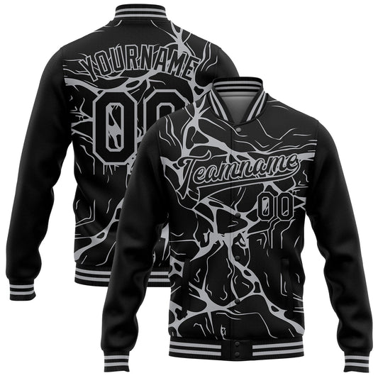 Custom Black Gray Abstract Network 3D Pattern Design Bomber Full-Snap Varsity Letterman Jacket - Main View