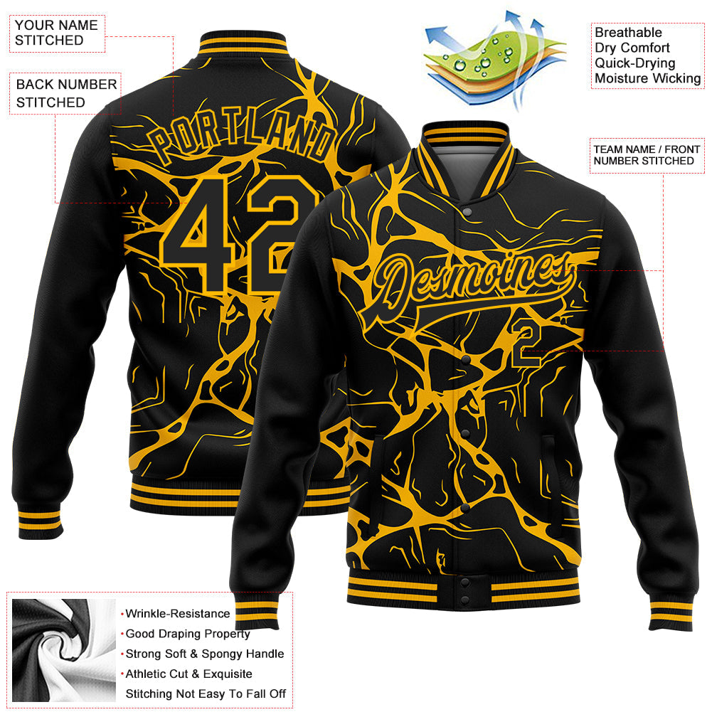 Custom Black Gold Abstract Network 3D Pattern Design Bomber Full-Snap Varsity Letterman Jacket view 5
