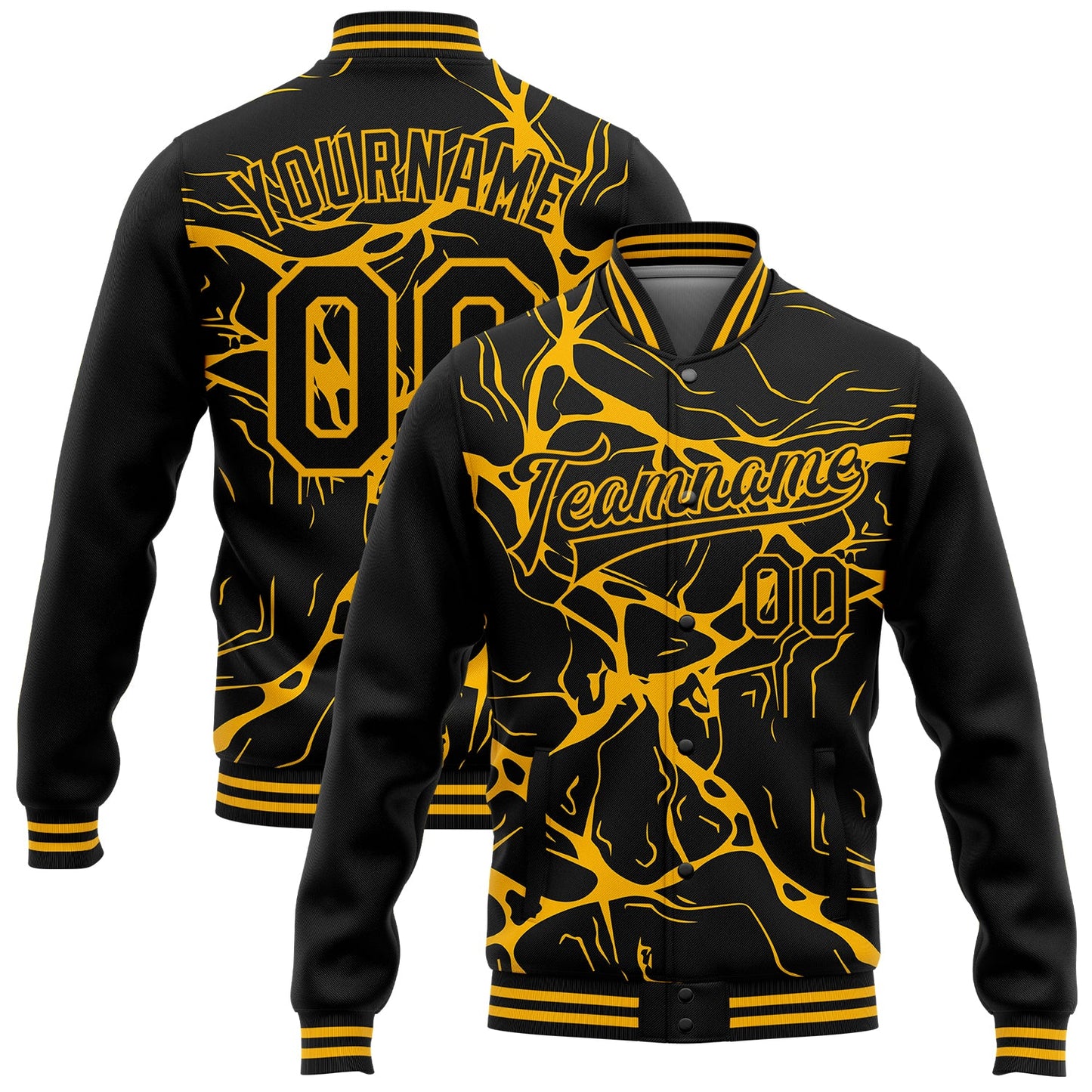 Custom Black Gold Abstract Network 3D Pattern Design Bomber Full-Snap Varsity Letterman Jacket - Main View
