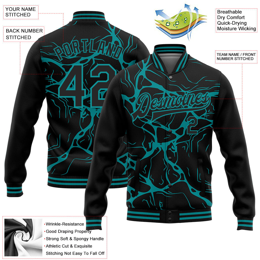 Custom Black Teal Abstract Network 3D Pattern Design Bomber Full-Snap Varsity Letterman Jacket view 5