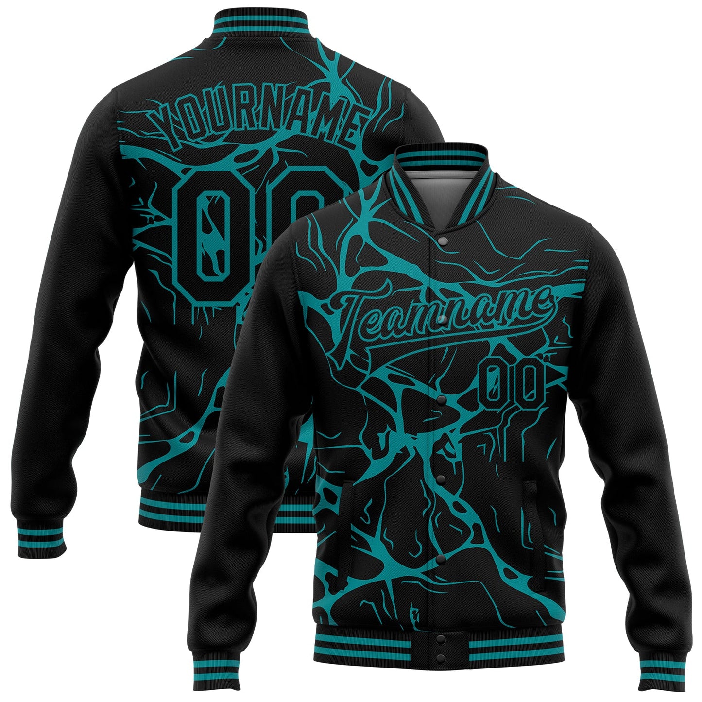 Custom Black Teal Abstract Network 3D Pattern Design Bomber Full-Snap Varsity Letterman Jacket - Main View