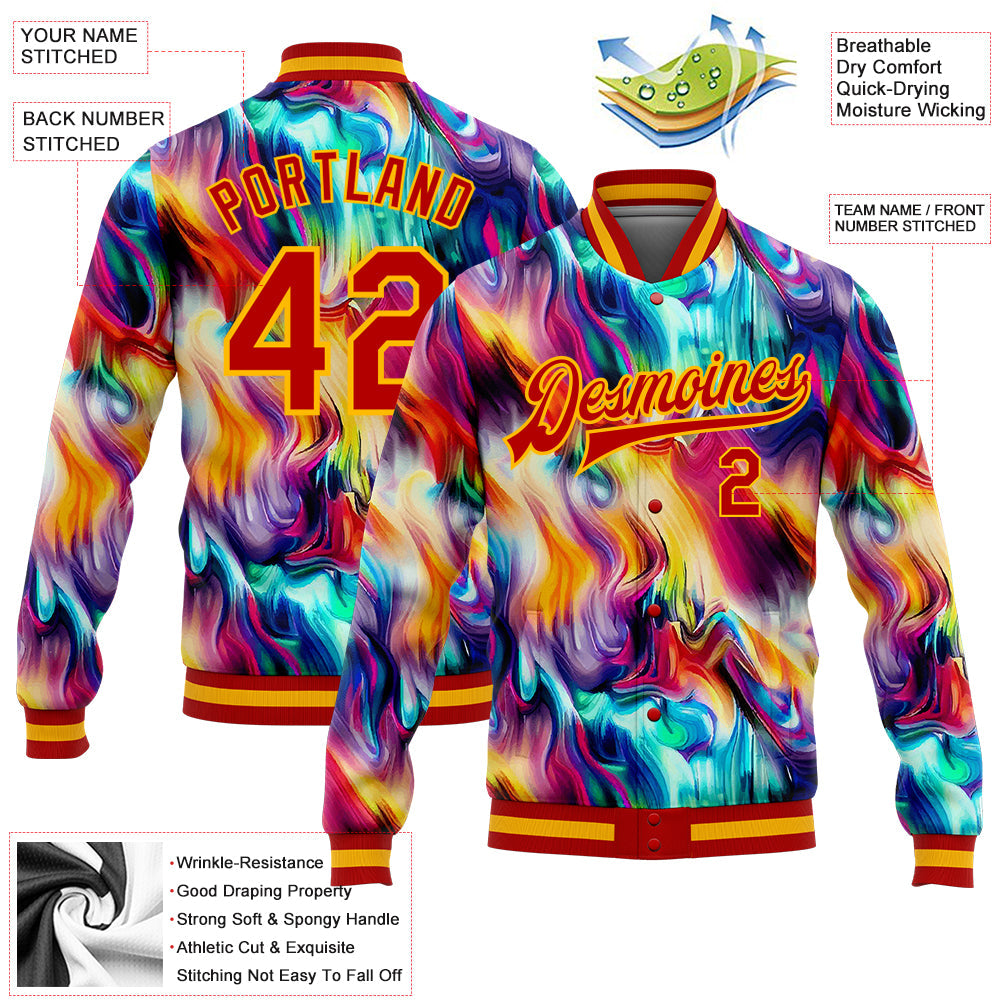 Custom Red Gold Abstract Rainbow Liquid Trippy 3D Pattern Design Bomber Full-Snap Varsity Letterman Jacket view 5