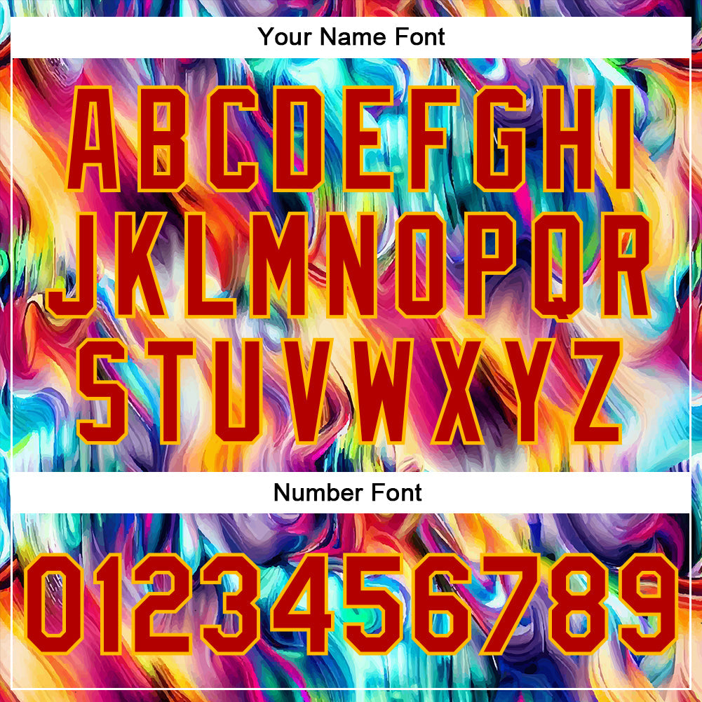 Custom Red Gold Abstract Rainbow Liquid Trippy 3D Pattern Design Bomber Full-Snap Varsity Letterman Jacket view 7