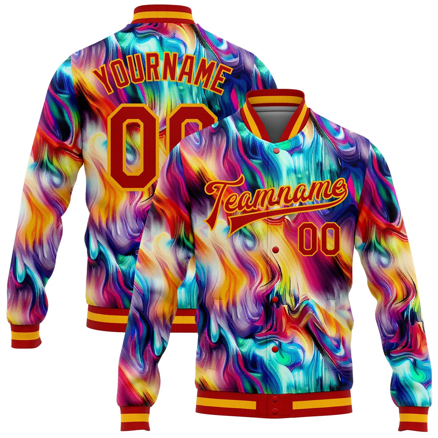Custom Red Gold Abstract Rainbow Liquid Trippy 3D Pattern Design Bomber Full-Snap Varsity Letterman Jacket - Main View