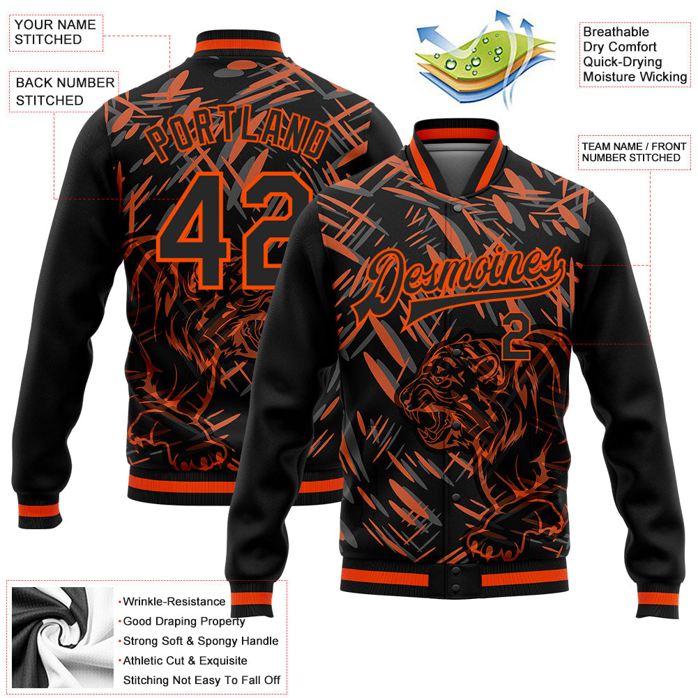 Custom Black Orange Tiger 3D Pattern Design Bomber Full-Snap Varsity Letterman Jacket view 5